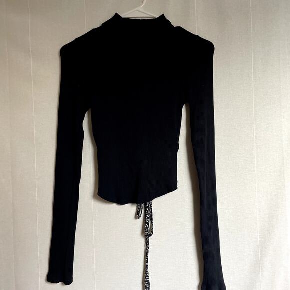 Free People Black Ribbed Mock Turtleneck Low Back Tie XS Top - Picture 1 of 5